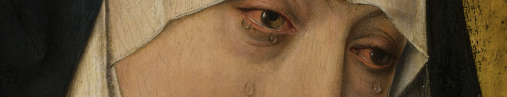 A picture of The Virgin Mary's eyes, which are red with tears. Detail from Mater Dolorosa (Sorrowing Virgin) (c. 1480/1500, Workshop of Dieric Bouts, Art Institute Chicago).